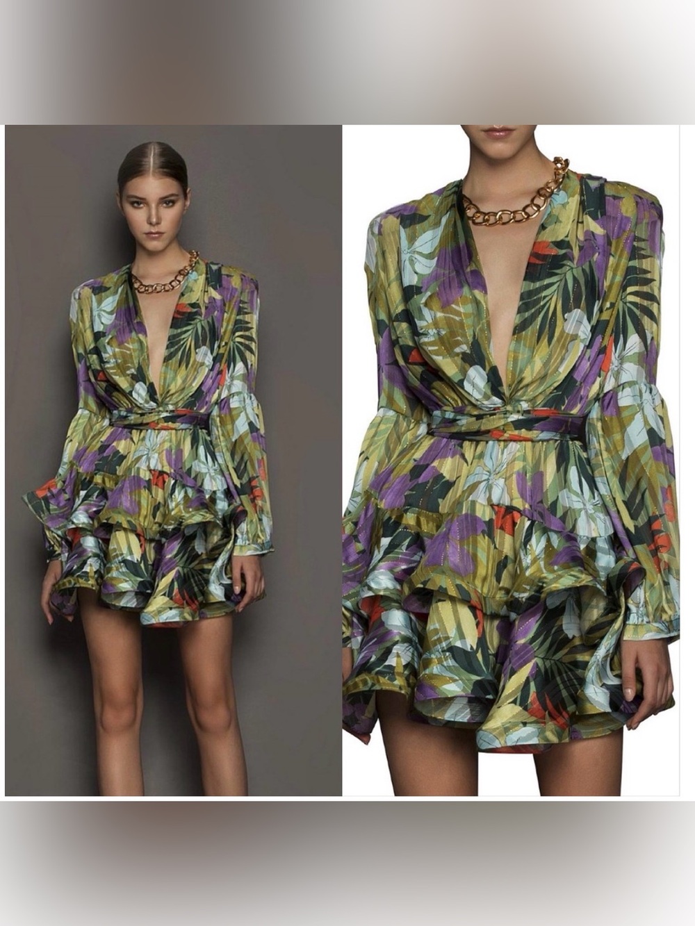 Bronx and Banco Tropical Leaf Print Ruffle Mini Dress
